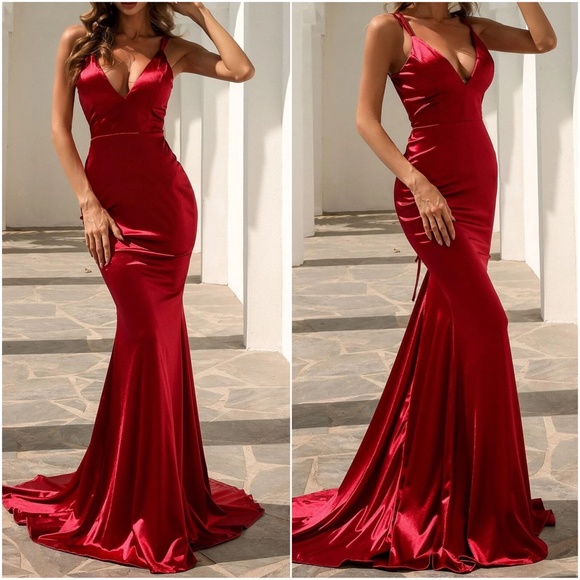 Luxe Satin Sexy Evening Prom Wedding Formal Prom Dress - Picture 3 of 9